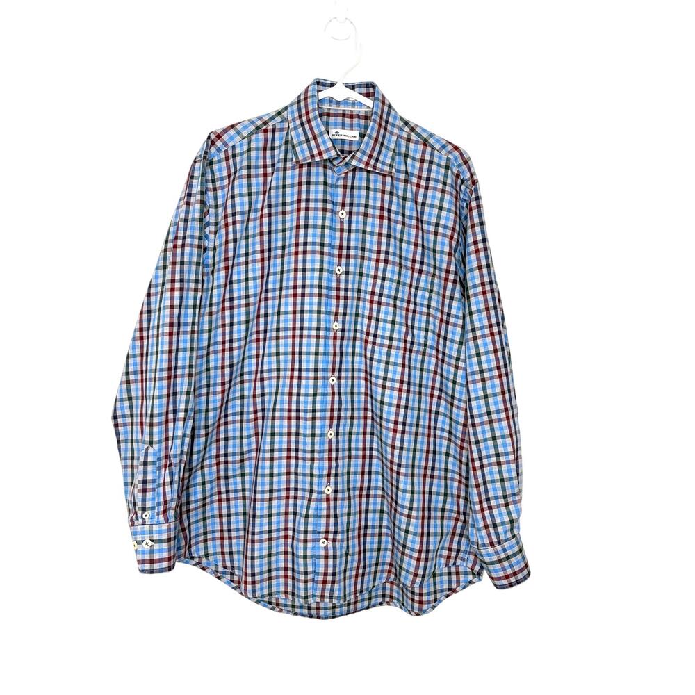 Peter Millar Plaid Button Up Shirt Men's Sz L 100% Cotton Preppy Business